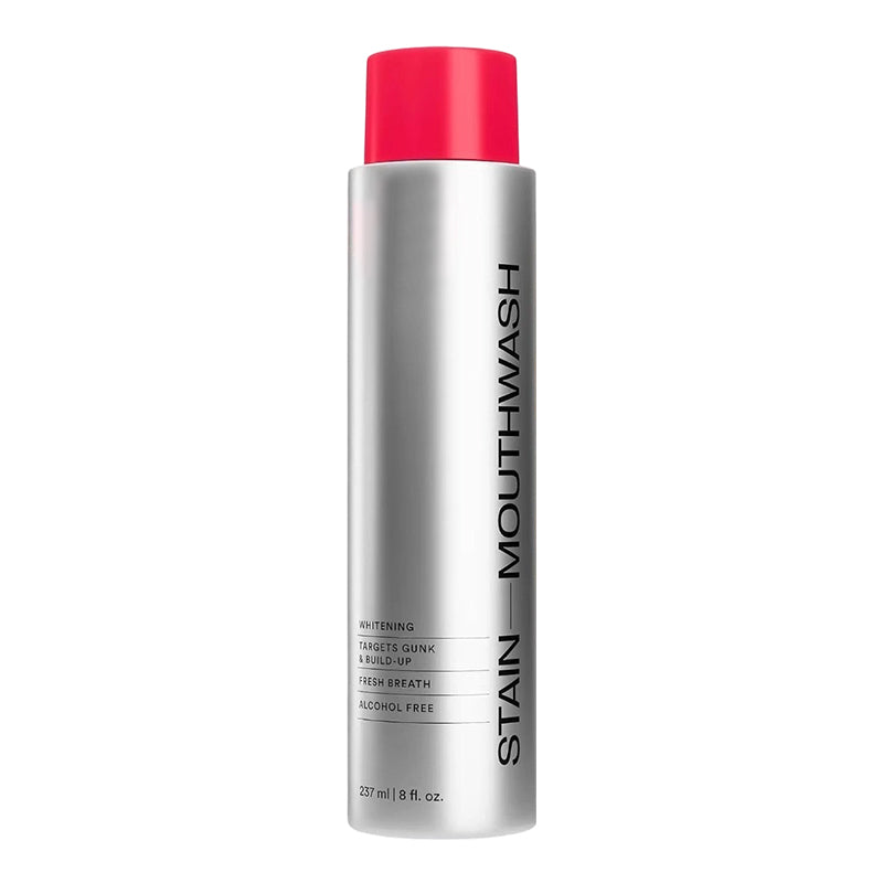 Arenzza stain-removing whitening mouthwash with mint flavor, showing the bottle with fresh mint leaves and a bright, clean smile.