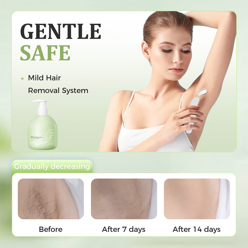 Arenzza gentle hair removal cream in a tube, designed for sensitive skin, shown on a clean surface with product packaging visible.