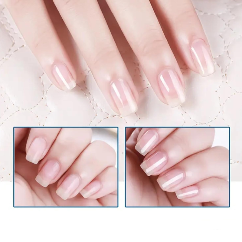 Arenzza high-gloss quick-dry nail oil bottle with a clear polish, showcasing shiny, healthy nails on a neutral background.