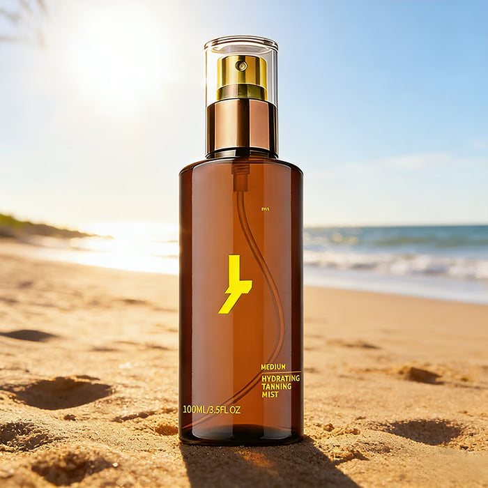 Arenzza hydrating self-tanning mist bottle with spray nozzle, designed for a natural glow and healthy skin in health and beauty.