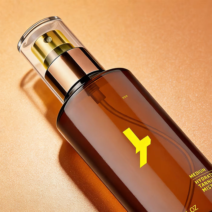 Arenzza hydrating self-tanning mist bottle with a natural glow, featuring a spray nozzle and vibrant packaging for a healthy tan.