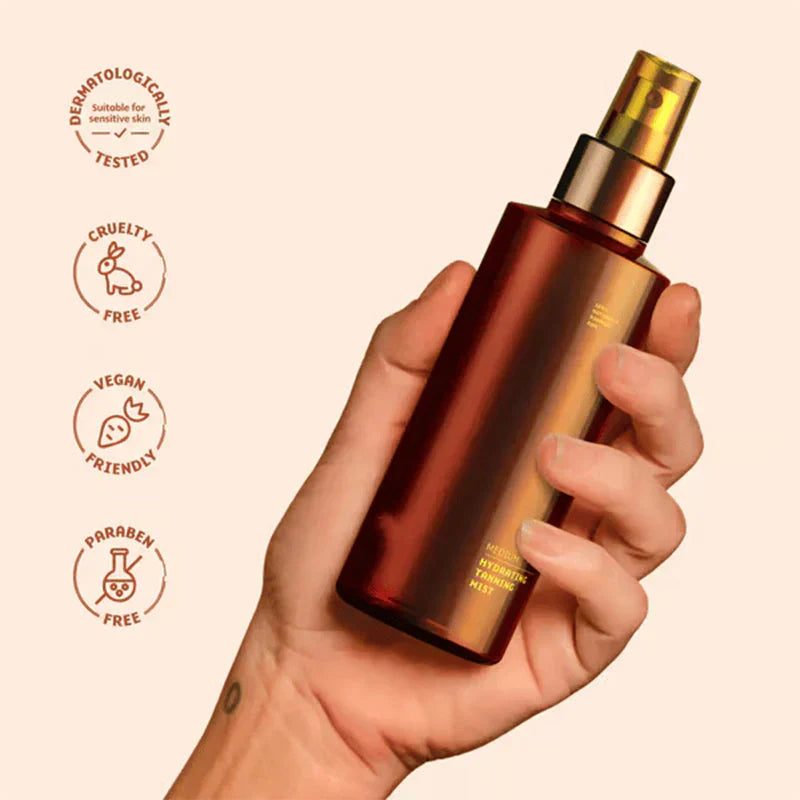 Arenzza hydrating self-tanning mist spray for a natural glow, with two bottles shown, emphasizing skin hydration and sunless tanning.