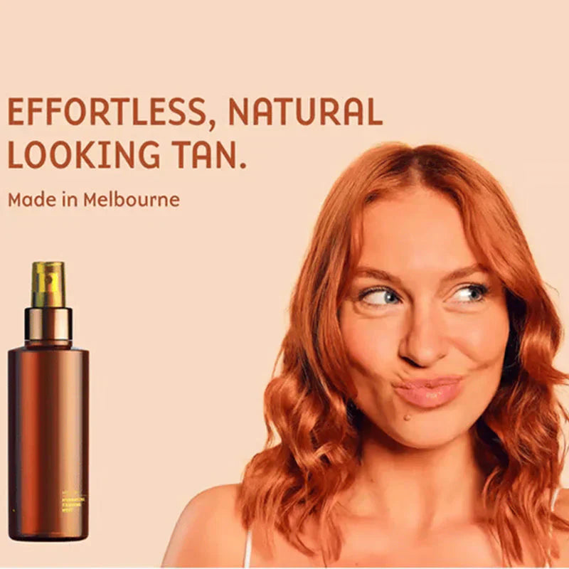 Arenzza hydrating self-tanning mist for a natural glow, featuring three bottles with spray nozzles in a health and beauty setting.