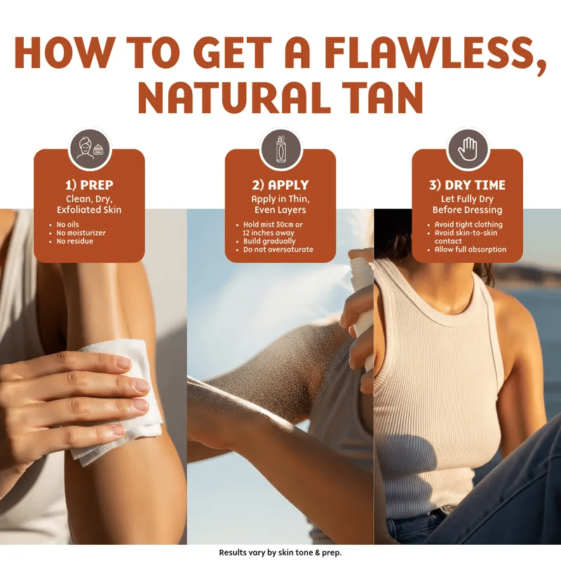 Arenzza hydrating self-tanning mist bottle with a natural glow, featuring a spray nozzle and vibrant skincare packaging.