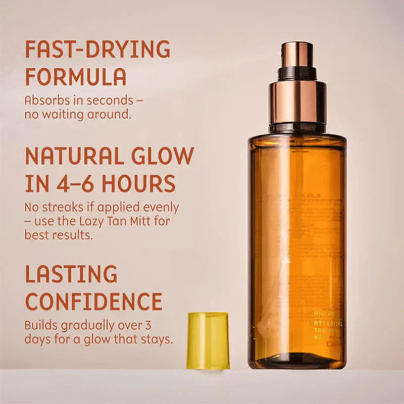 Arenzza hydrating self-tanning mist bottle with spray nozzle, designed for a natural glow and healthy skin in health and beauty.