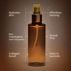 Arenzza hydrating self-tanning mist in a spray bottle, designed for a natural glow and even skin tone.