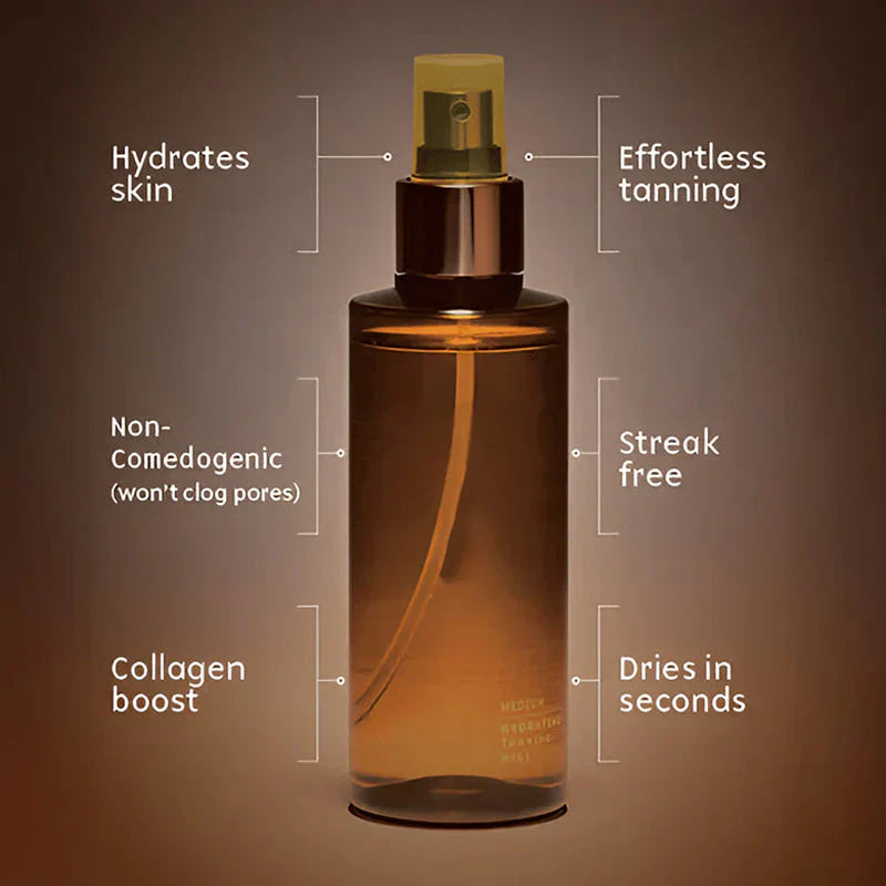 Arenzza hydrating self-tanning mist in a spray bottle, designed for a natural glow and even skin tone.