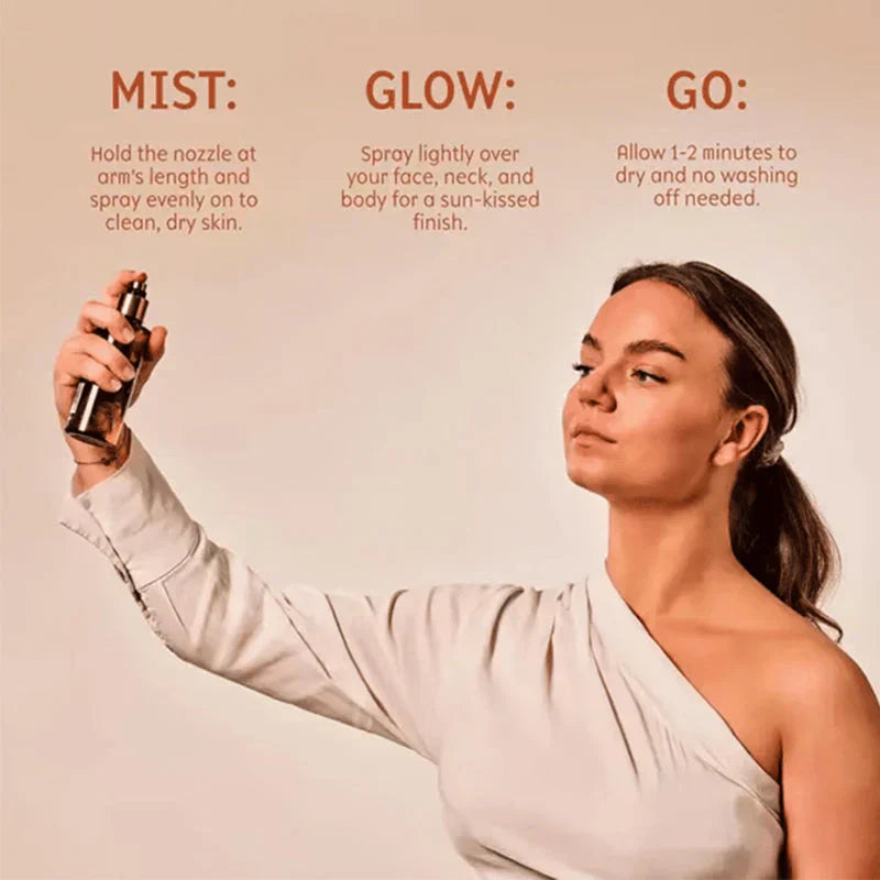 Arenzza hydrating self-tanning mist in a spray bottle, designed for a natural, sun-kissed glow on skin.