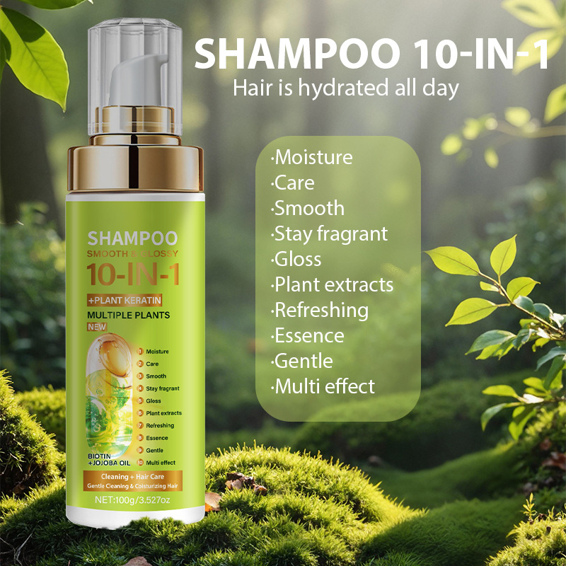 Arenzza 10-in-1 Plant-Based Essence Shampoo bottle with natural ingredients for healthy hair and scalp care.