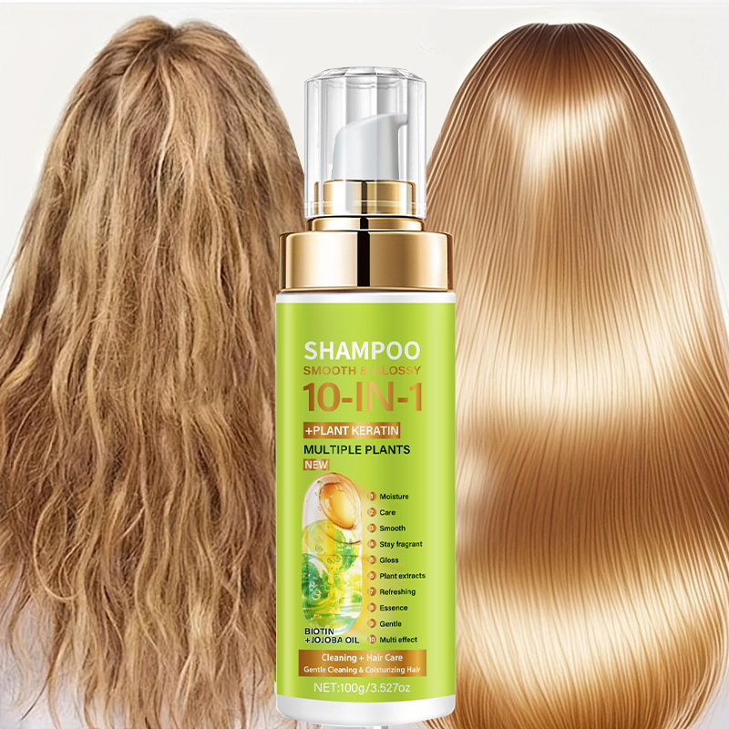 Arenzza 10-in-1 plant-based essence shampoo bottle with natural ingredients, designed for healthy hair and scalp care.