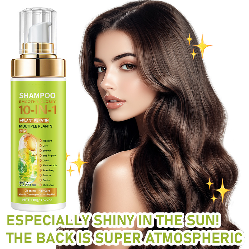 Arenzza 10-in-1 plant-based essence shampoo bottle with natural ingredients and sleek packaging, suitable for healthy hair care.