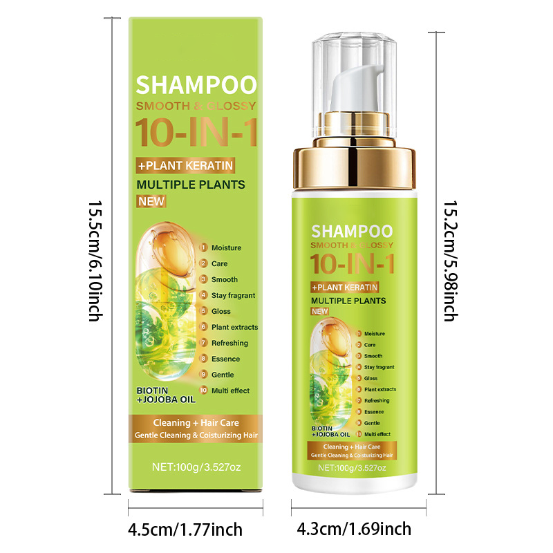 Arenzza 10-in-1 plant-based essence shampoo bottle with natural ingredients, designed for healthy hair in a health and beauty setting.