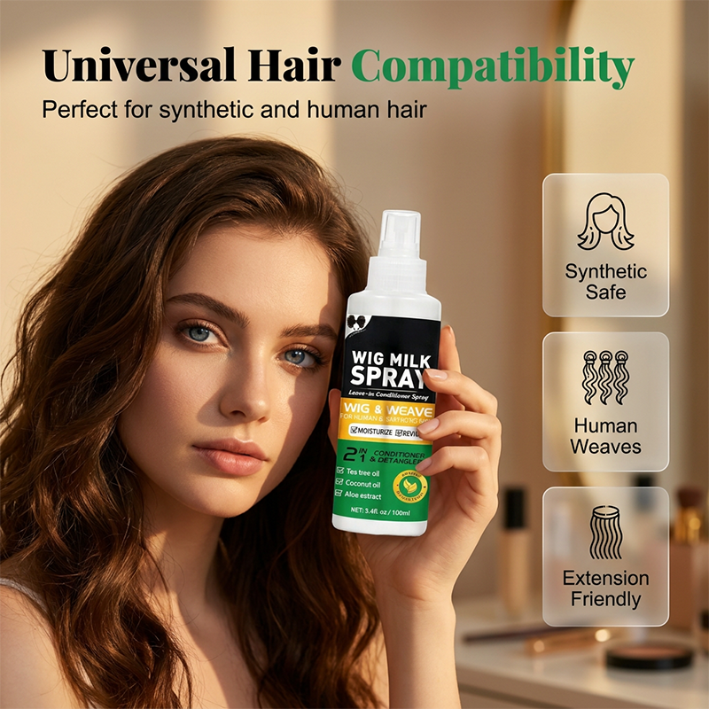 Arenzza revitalizing leave-in wig conditioner spray bottle for health and beauty, with a sleek white and purple design.