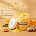 Arenzza turmeric and vitamin C exfoliating body scrub in a white jar with a green label, showcasing the natural ingredients.