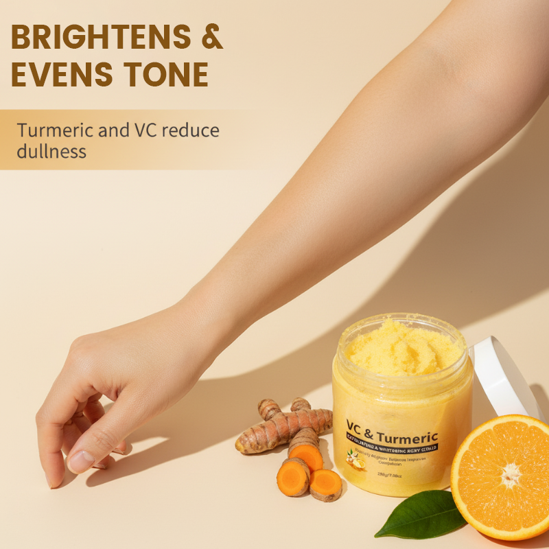 Arenzza turmeric and vitamin C exfoliating body scrub in a clear jar with a white lid, showing the textured scrub inside.