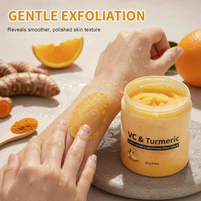 Arenzza turmeric and vitamin C exfoliating body scrub in a clear jar with a white lid, showcasing the scrub's golden color and texture.