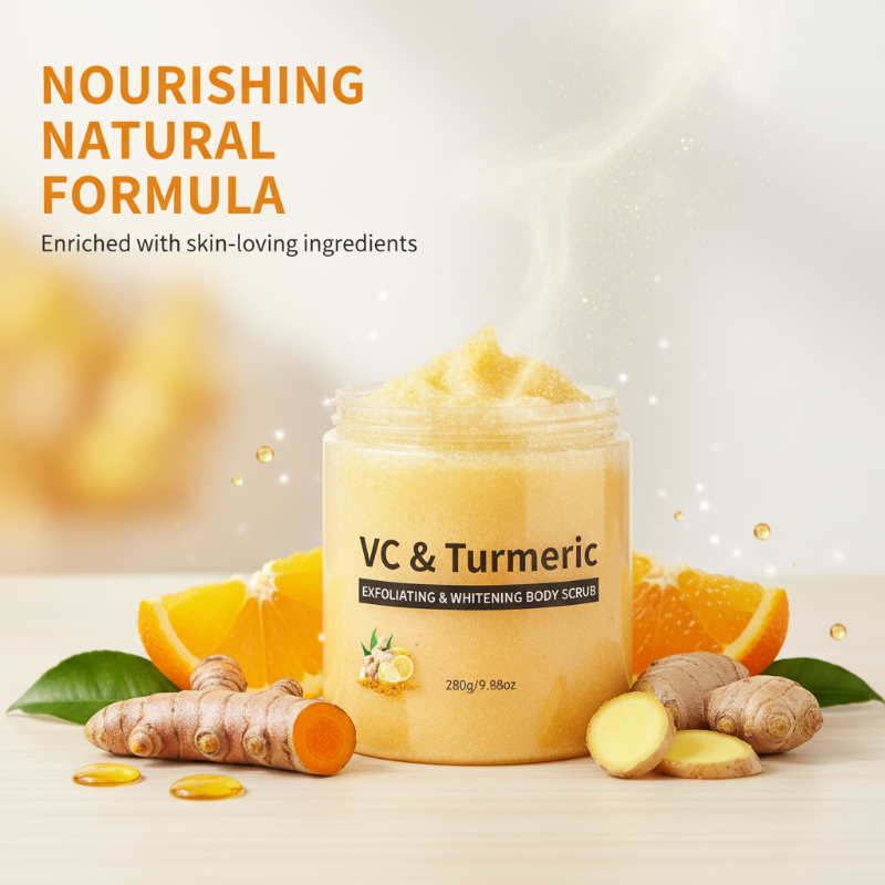 Arenzza turmeric and vitamin C exfoliating body scrub in a clear jar with a white lid, showing the textured scrub inside.