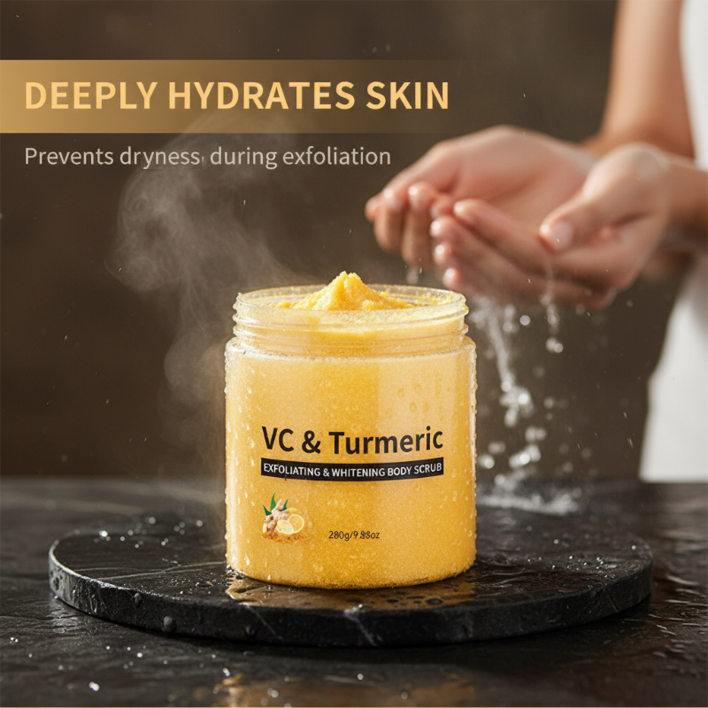 Arenzza turmeric and vitamin C exfoliating body scrub in a clear jar with a white lid, showing the textured scrub inside.
