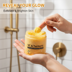 Arenzza turmeric and vitamin C exfoliating body scrub in a white jar with a green label, showcasing the product's natural ingredients.