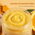 Arenzza turmeric and vitamin C exfoliating body scrub in a clear jar, showcasing vibrant yellow scrub with natural ingredients.