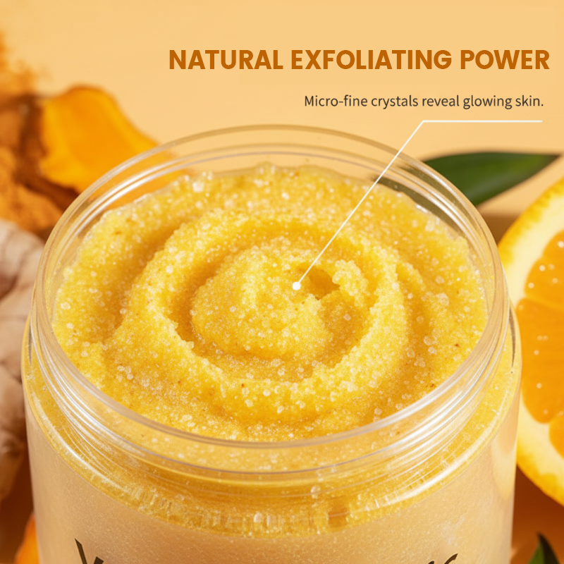Arenzza turmeric and vitamin C exfoliating body scrub in a clear jar, showcasing vibrant yellow scrub with natural ingredients.