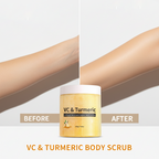 Arenzza turmeric and vitamin C exfoliating body scrub in a clear jar with a white lid, showing the textured scrub inside.
