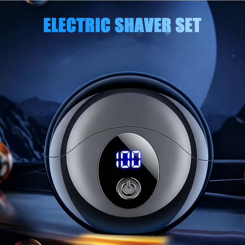 A men's Arenzza electric shaver set with a sleek black and silver design, featuring a precision shaver head and charging stand.