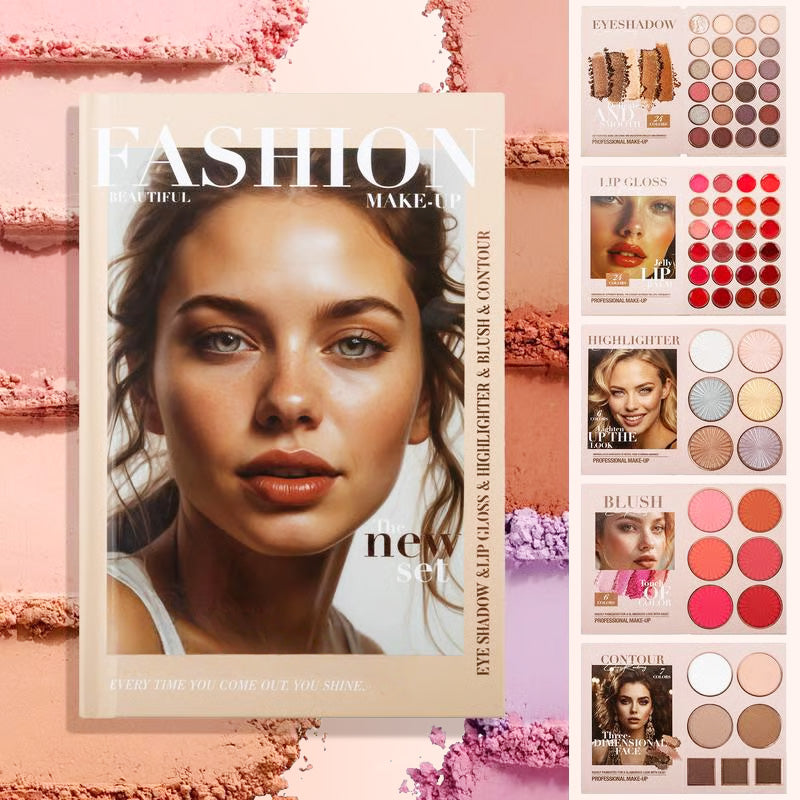 Aarenza 5-layer book-style makeup palette with 67 pro shades, open to reveal colorful eyeshadows and makeup compartments.