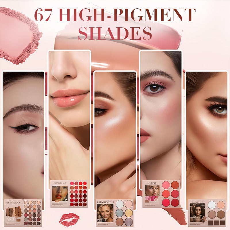 Arenzza 5-layer book-style makeup palette with 67 professional shades for eyes, face, and lips, open to showcase vibrant color options.