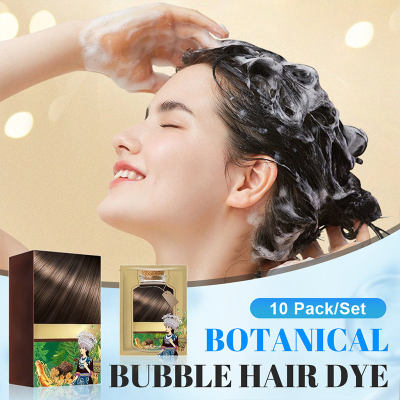A set of ten botanical bubble hair dye containers from Arenzza, showcasing vibrant packaging for natural hair coloring.