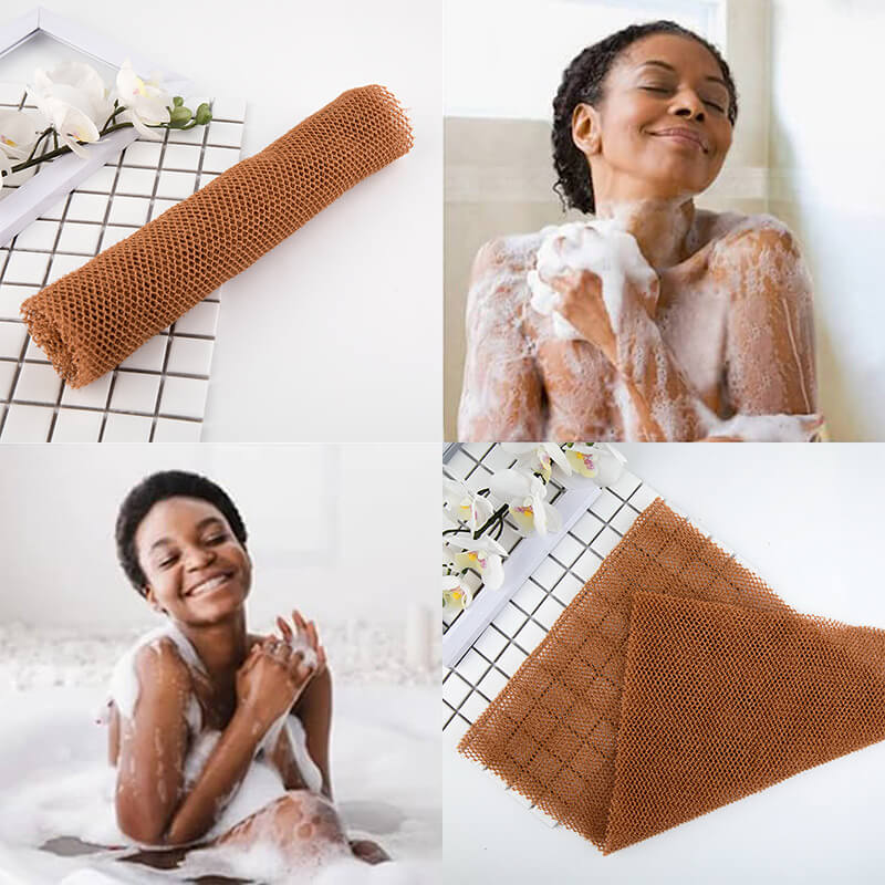 Arenzza African exfoliating net for skin cleansing and exfoliation, shown hanging with textured fabric visible.