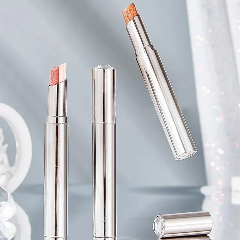 Aarenza Waterproof Gradient Shimmer Eye-Shadow Stick with a sleek silver tube, showcasing iridescent purple and pink shades.