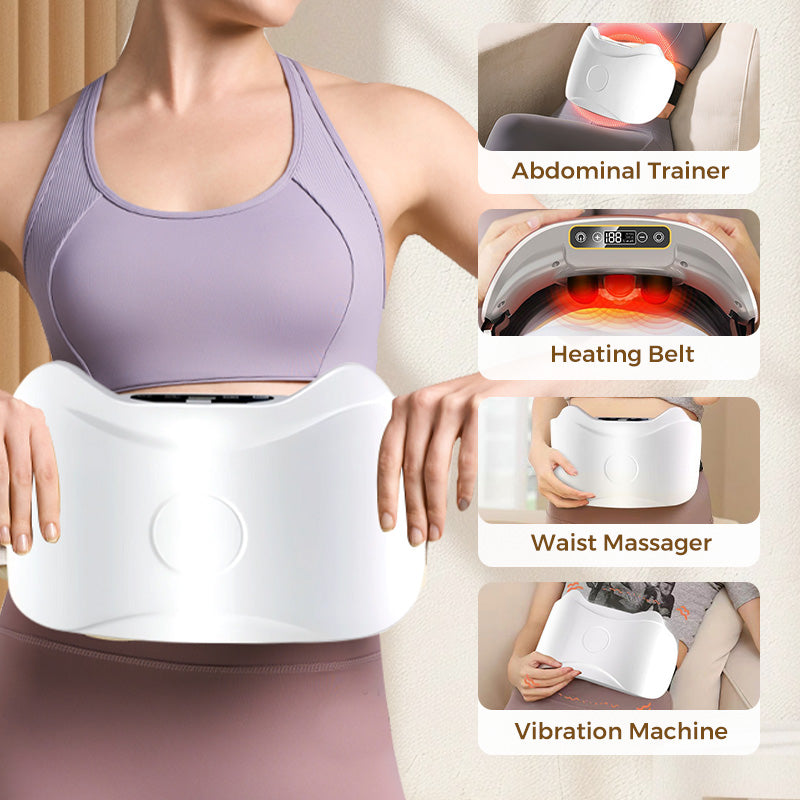 Arenzza cordless electric abdominal massager for fat burning and digestion, showing a compact health and beauty device in use.