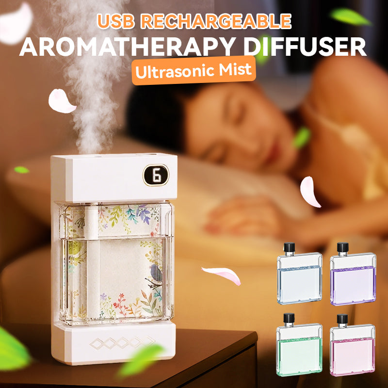 Arenzza USB rechargeable aromatherapy diffuser in sleek white design with mist and light features on a neutral background.