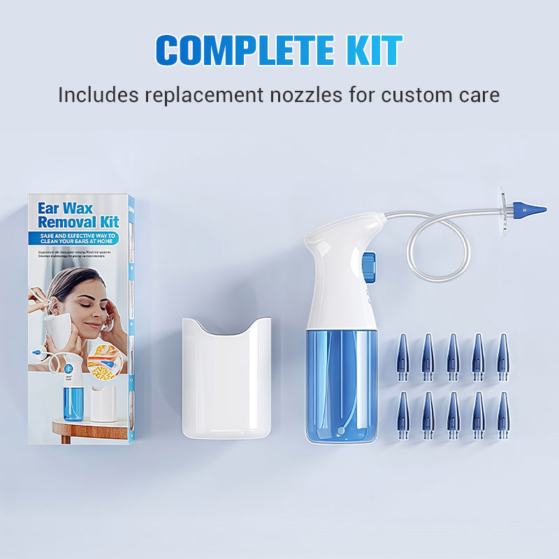 Arenzza ear wax removal kit with reusable silicone spoon for safe, gentle ear cleaning, shown with cleaning tools and packaging.