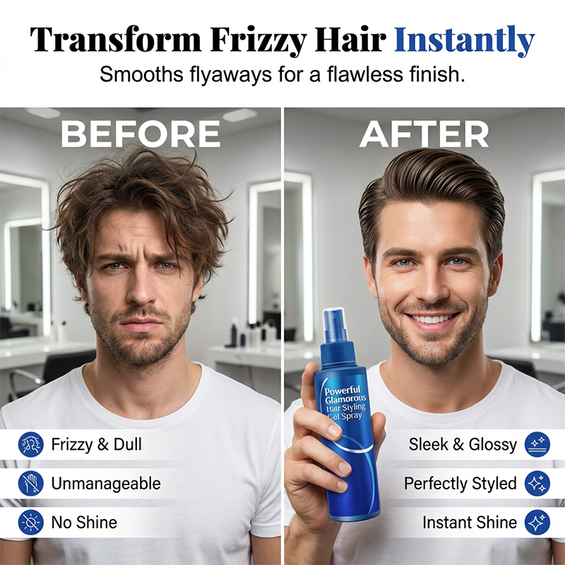 Arenzza Glamorous Hair Styling Gel Spray in a sleek spray bottle, designed for strong hold and shiny hair styling.