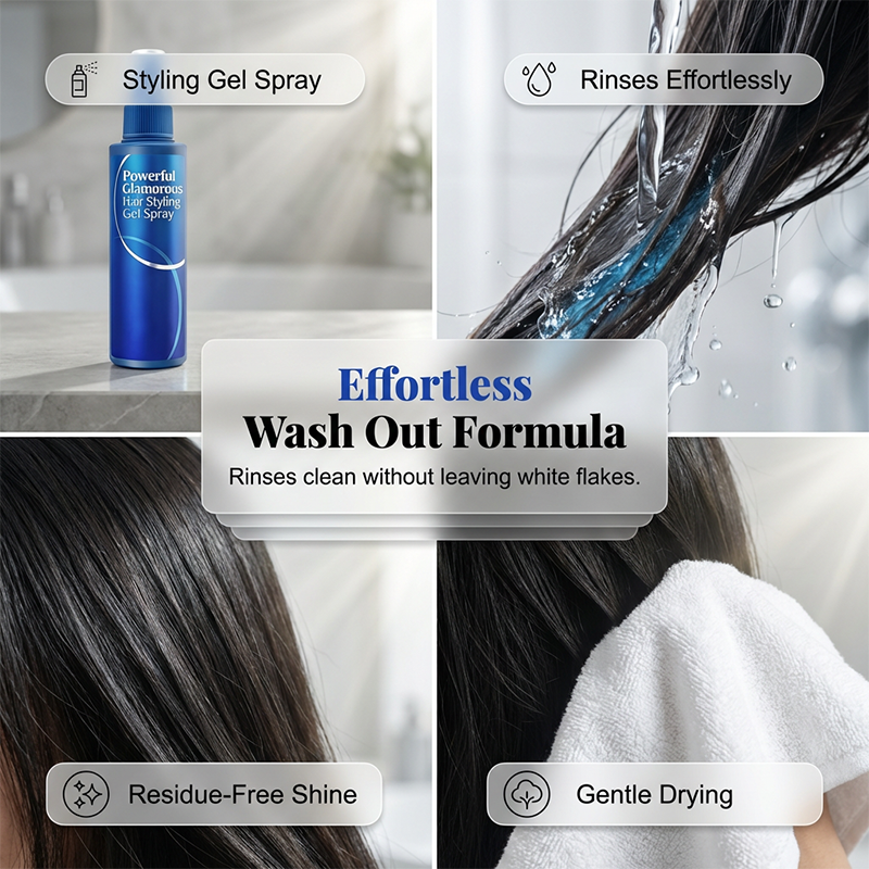 Arenzza Powerful Glamorous Hair Styling Gel Spray bottle with a sleek design, suitable for creating strong hold hairstyles.