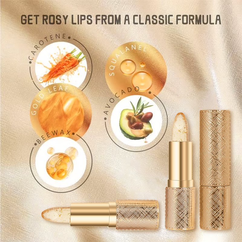Arenzza transferproof color-changing lipstick with crystal-clear tint, showing its sleek design and vibrant color on lips.