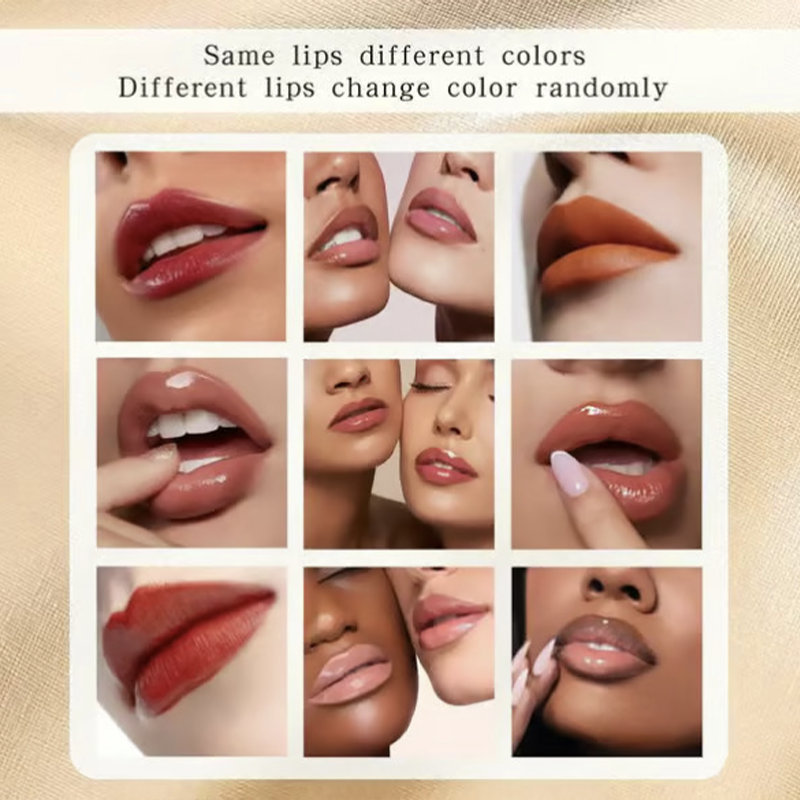 Arenzza color-changing lipstick with transferproof, auto-tint formula, featuring a crystal-clear, contact-activated color transformation.
