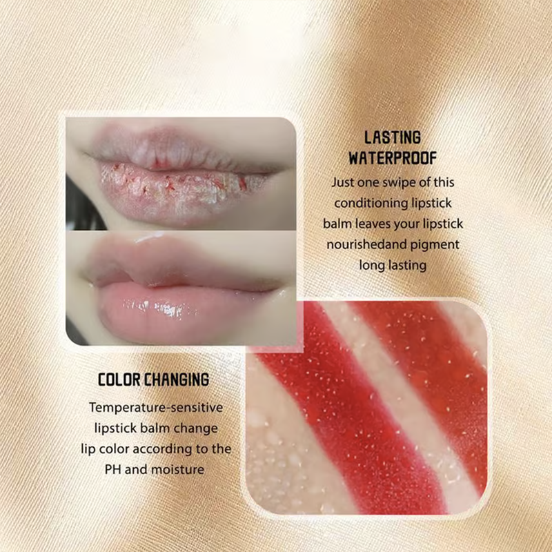 Arenzza transferproof color-changing lipstick with crystal-clear color alchemy and auto-tints on contact, in a sleek tube.