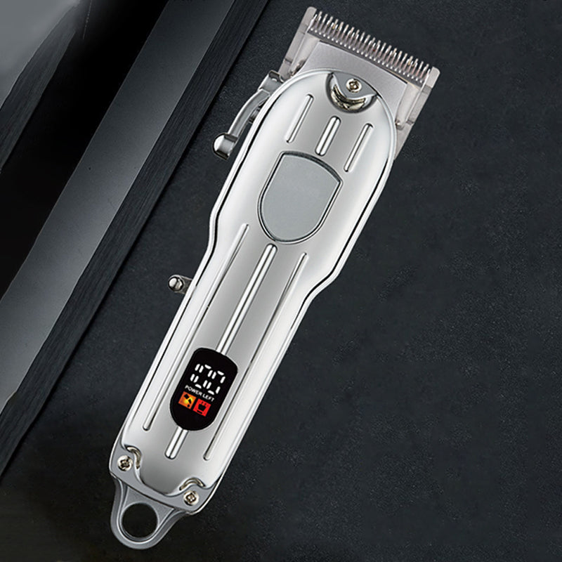 Arenzza rechargeable hair clipper with ergonomic design, showcasing stainless steel blades and a sleek black body for professional grooming.