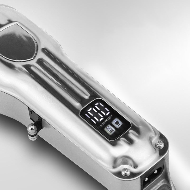 Arenzza rechargeable hair clipper with sleek black design, showing blades and ergonomic handle for professional grooming.