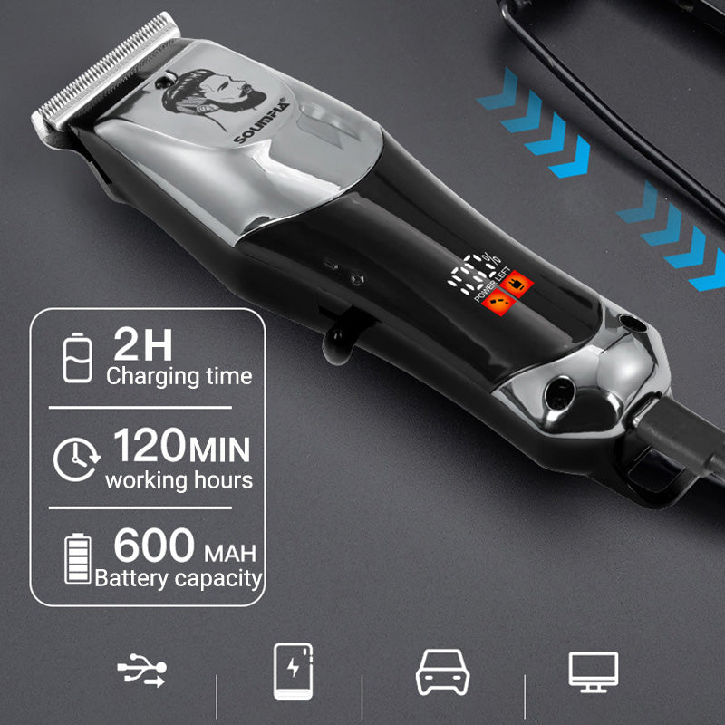 A men's multi-function electric hair clippers by Arenzza, showing a sleek black device with adjustable blades and attachment combs.