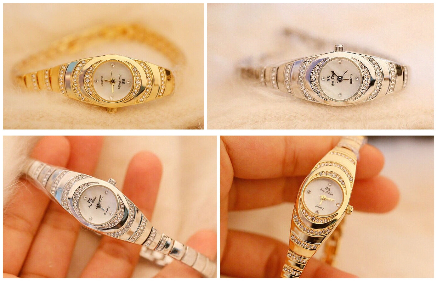 Arenzza women's rhinestone bracelet watch with a silver band and a round watch face, adorned with sparkling rhinestones.