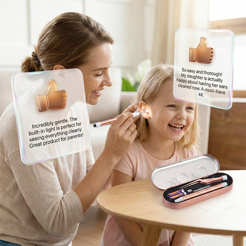 Arenzza luminous ear pick and tweezer set with magnifier, featuring stainless steel tools and LED light for precision ear cleaning.