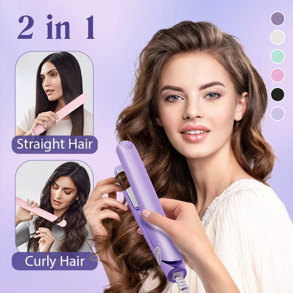 Arenzza 2-in-1 mini curling wand and flat iron hair straightener in black with digital controls, suitable for styling hair.