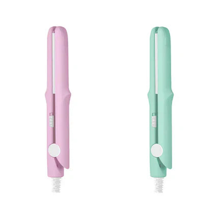 Arenzza 2-in-1 mini curling wand and flat iron hair straightener, compact and sleek for styling hair at home or on the go.