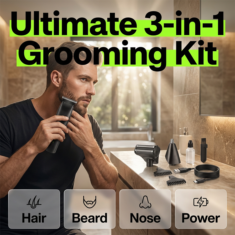 Amen's 3-in-1 electric grooming kit by Arenzza with multiple attachments for beard trimming, hair cutting, and grooming.