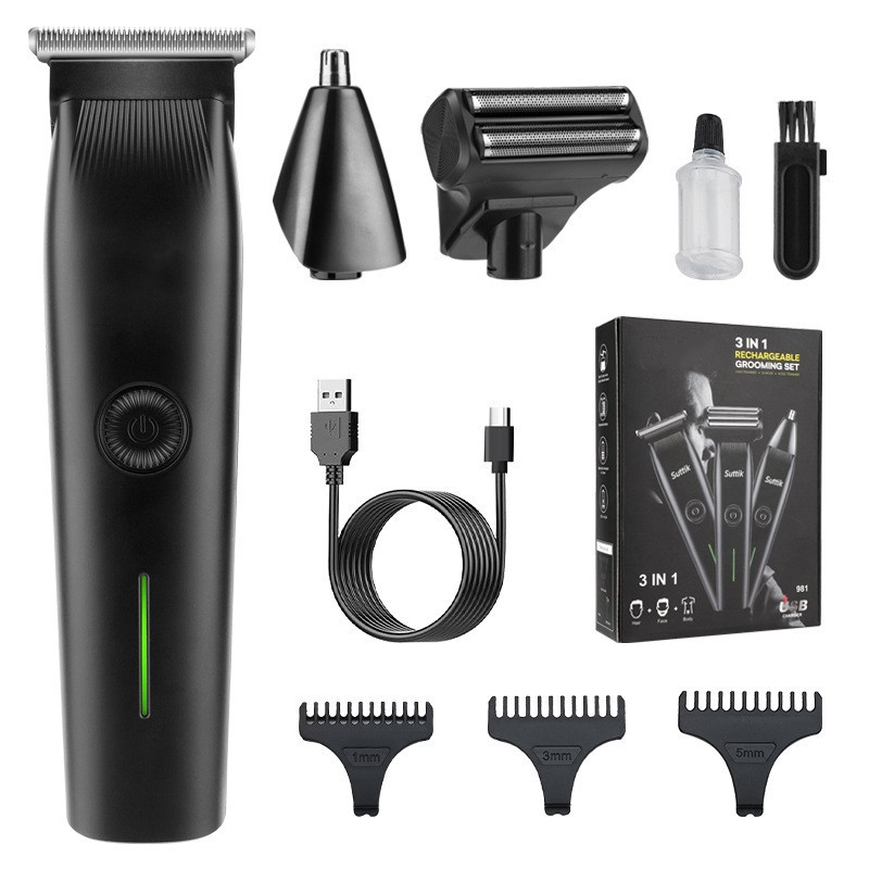 Amen's Arenzza 3-in-1 electric grooming kit with various attachments for beard, hair, and facial grooming.
