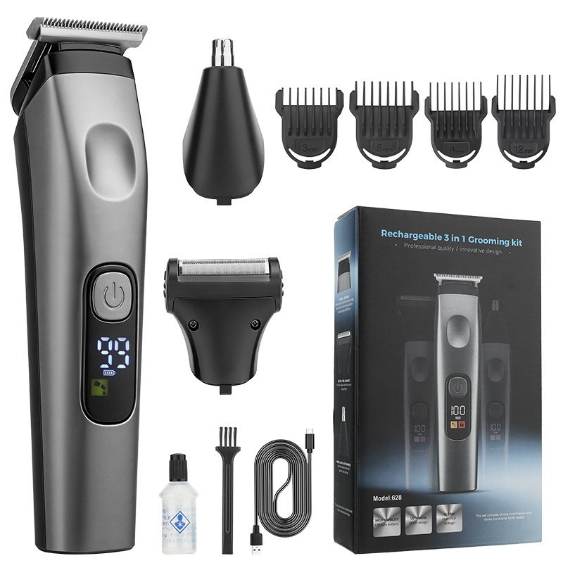 Arenzza 3-in-1 electric grooming kit for men with trimmer, shaver, and detailer attachments on a white background.